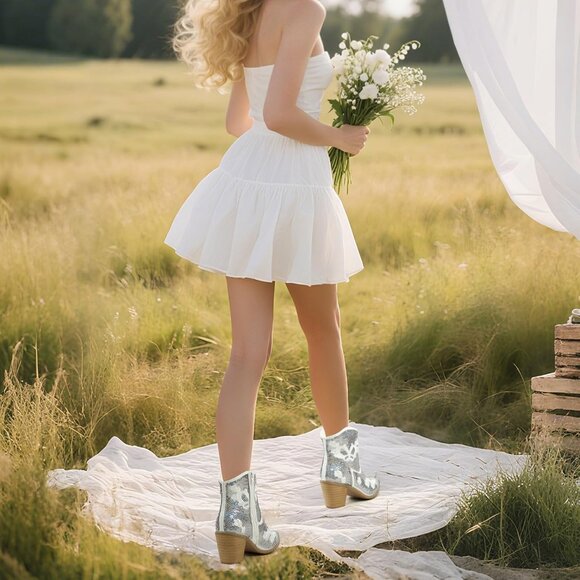 Women's Sparkling White Shiny Sequin Embroidery Ankle Pointed Toe Western Boot - Picture 2 of 7